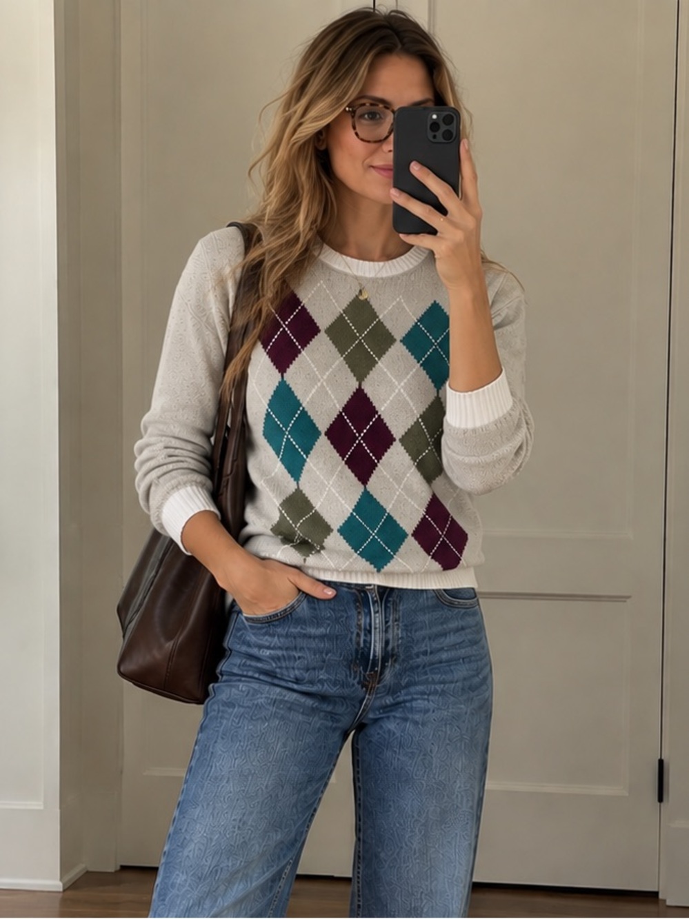Liz Claiborne 100% Cotton Argyle Sweater Size Small Cream Plum Olive Teal
